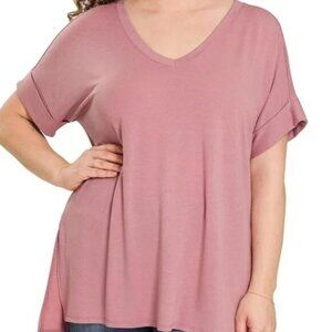 NEW PLUS SIZE ROLLED SHORT SLEEVE V-NECK SIDE SLIT HIGH-LOW LT ROSE - 1X